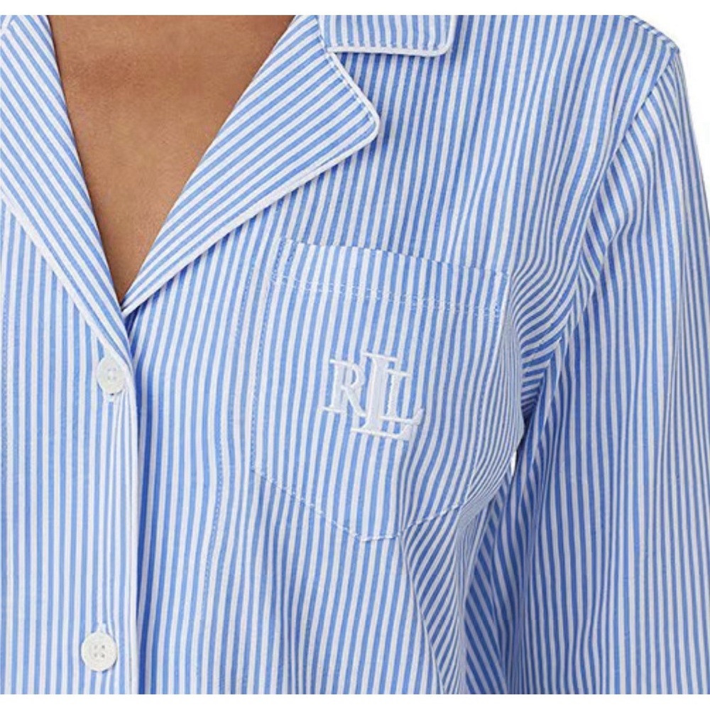 RALPH LAUREN Women's Size S White Blue Pinstripe Capri Pajama 2 Pc 100 % Cotton - Picture 2 of 7